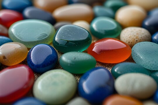 Colorful gemstones on a beach. Polish textured sea glass and stones on the seashore. Green, blue shiny glass with multi-colored sea pebbles close-up. Beach summer background. Generative AI