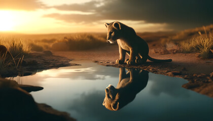 An ultra-photorealistic image of a lion cub by the water's edge. The cub gazes into the water, seeing its reflection as a fully grown, majestic lion - obrazy, fototapety, plakaty