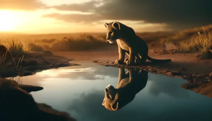 Foto op Aluminium An ultra-photorealistic image of a lion cub by the water's edge. The cub gazes into the water, seeing its reflection as a fully grown, majestic lion © Tanicsean