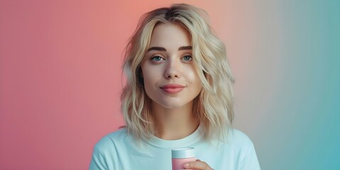 A blonde woman with balayage hair presenting a cosmetic product in a professional beauty salon setting. Concept Beauty Salon, Balayage Hair, Cosmetic Product, Professional Setting, Blonde Woman - obrazy, fototapety, plakaty