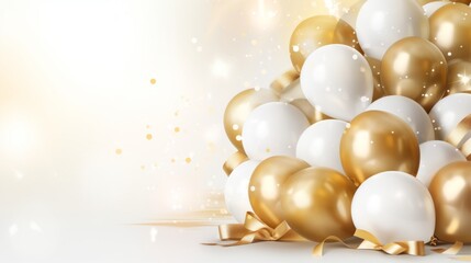 Obraz na płótnie Canvas Off-centered Birthday Background with Gold and White Balloons, Featuring Large Copy Space Area