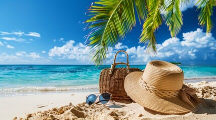 Fototapeta na wymiar Straw hat, bag and sun glasses on a tropical beach