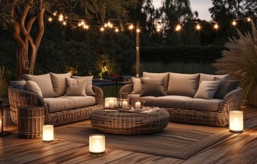 outdoor furniture with lights and wicker furniture - obrazy, fototapety, plakaty