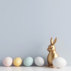 Fototapeta na wymiar Gorgeous minimalist Easter backdrop adorned with vibrant eggs, a golden ceramic Easter bunny, and generous space for text in the center
