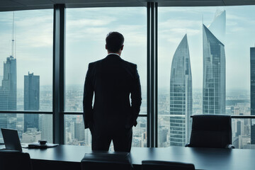 Back View of the Thoughtful Businessman wearing a Suit Standing in His Office, Contemplating Next Big Business Deal, Looking out of the Window. Business District Panoramic Window View