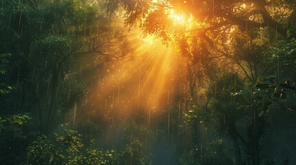 Forest, after rain, sunrise, sunlight shining from the top of the trees in the forest