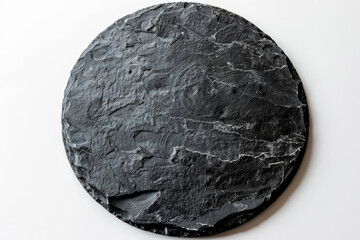 a round black slate  on white background, top view. 