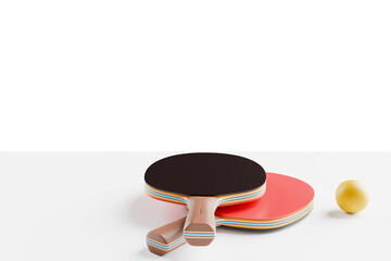 Set of rackets and ball for table tennis ping pong 3D rendering.