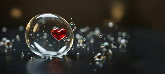 a red rose sitting on top of a table next to a heart shaped piece of glass with water droplets on it.A heart with water droplets on it sitting in a pile of petals, AI