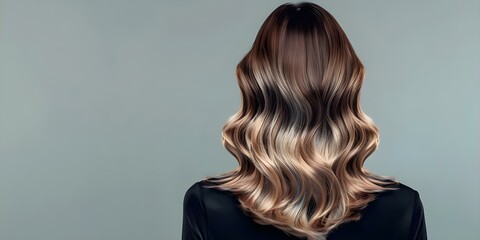 A woman with balayage ombre hair dye blending dark roots to light ends. Concept Balayage Ombre Hair Dye, Dark Roots, Light Ends, Hair Color Transformation - obrazy, fototapety, plakaty