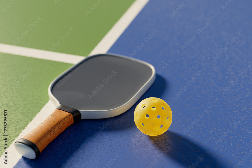 Wall mural The pickleball racket and ball lie on the line of the court floor. Bokeh blur 3D rendering.