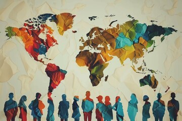 Business people group colorful silhouette concept businesspeople team over world map background

