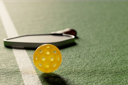 Pickleball racket and ball on the court floor. Bokeh blur 3d rendering
