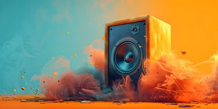 a powerful speaker system emitting vibrant energetic music beats against a colorful abstract background