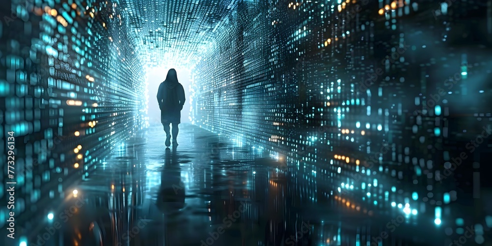Poster digital hacker navigating the luminous labyrinth of data in the realm