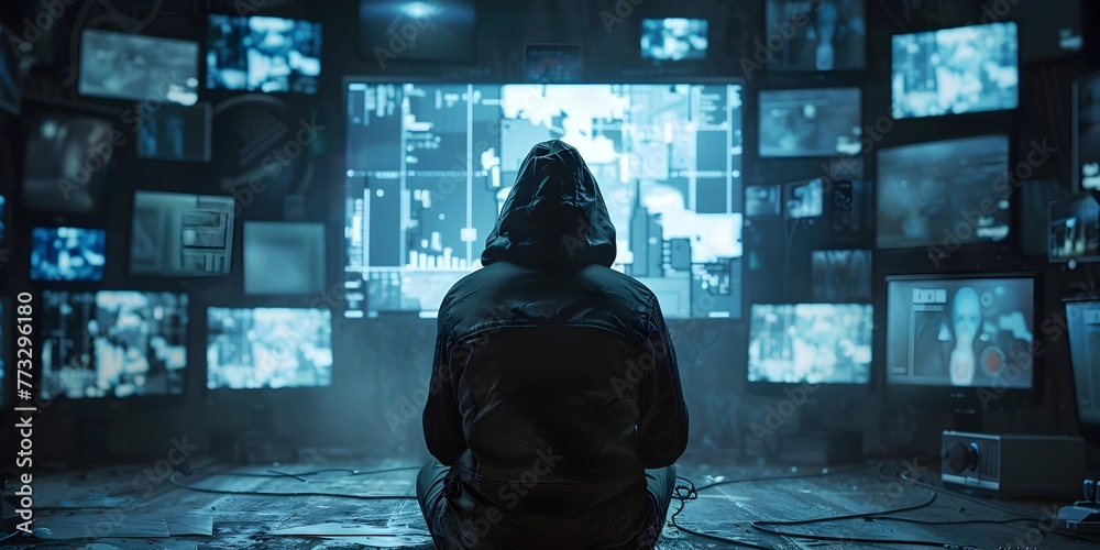 Poster mysterious hacker navigating the digital landscape of endless screens and data