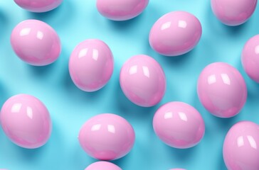 easter eggs on a blue background, in the style of light teal and light pink