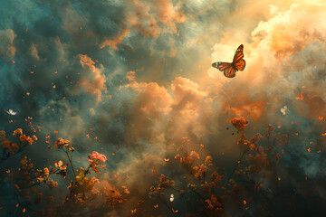 A bird gracefully soars through a cloudy sky above a field of blooming flowers - obrazy, fototapety, plakaty