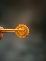 Chinesische Eßstäbchen halten einen Coin, ai generativ - obrazy, fototapety, plakaty