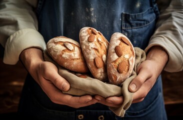person in apron holding several almond breads