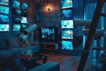 Moody, hyperrealistic display of remote monitoring screens, home security cameras keeping watch - obrazy, fototapety, plakaty