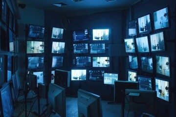 Moody, hyperrealistic display of remote monitoring screens, home security cameras keeping watch - obrazy, fototapety, plakaty