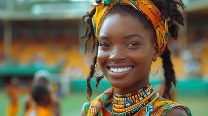 happy african female soccer fan in a full stadium recording the game with phone,generative ai