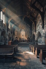 Fototapeta na wymiar Moody lighting inside a historic church, hyperrealistic texture of aged stone and wood visible