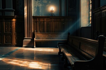 Church confessionals under moody lighting, hyperrealistic shadows hinting at quiet confessions - obrazy, fototapety, plakaty