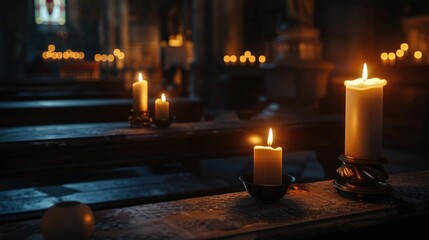 Hyperrealistic altar candles flickering in a church, moody lighting adding to the mystique - obrazy, fototapety, plakaty