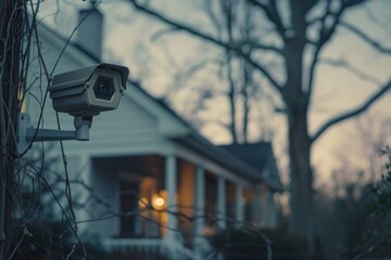 Hyperrealistic, moody shot of a security cameras feed, vigilant over a peaceful home - obrazy, fototapety, plakaty