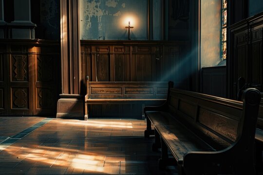 Church confessionals under moody lighting, hyperrealistic shadows hinting at quiet confessions