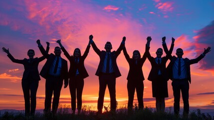Obraz premium silhouette of young peoples in outdoor. Hands up. 