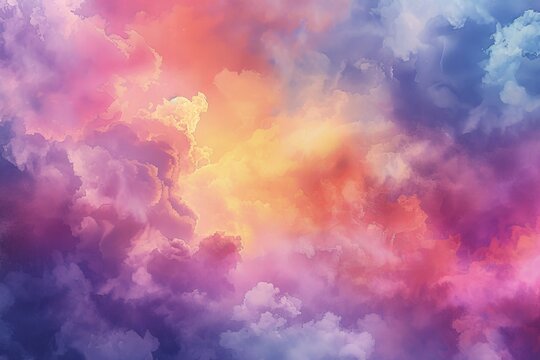   A midday sky brimming with multitudes of clouds, painted pink, blue, yellow, and orange