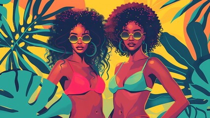 summer party banner background. two girl wearing sunglasses flat design 