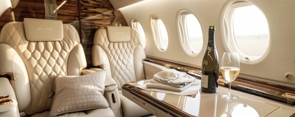 Private jet interior, plush seats and champagne, skies less traveled - obrazy, fototapety, plakaty