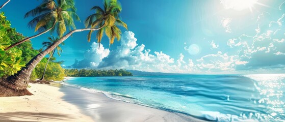 Sunny tropical Caribbean beach with palm trees and turquoise water, caribbean island vacation, hot...