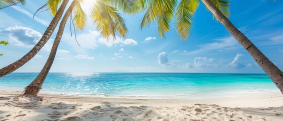 Sunny tropical Caribbean beach with palm trees and turquoise water, caribbean island vacation, hot...