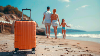 Sandy toes and salty air: a family retreat on the beach and suitcase - obrazy, fototapety, plakaty
