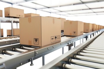 Cardboard box packages warehouse conveyor system on white background