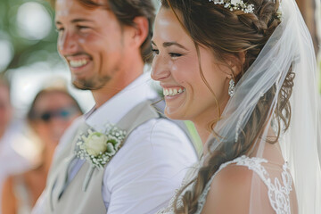 During the wedding ceremony, the photographer captures a candid moment of the bride and groom sharing laughter and joy