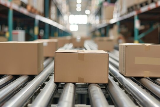 Cardboard box packages warehouse fulfillment, distribution conveyor system products stored, start-up, small business.