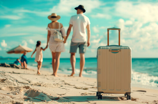 Sun-kissed serenity: a happy family day at the beach and suitcase