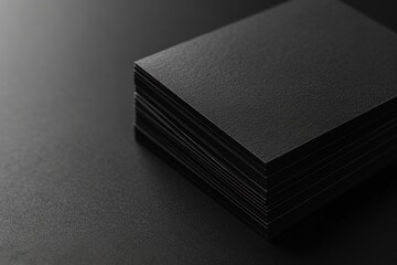 Close up of black business card stack with reflective surface. Dark elegant branding - obrazy, fototapety, plakaty