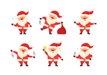 Big set of Santa Claus with present, bag with presents, waving and greeting Christmas and New Year. Funny cute cartoon character dancing and running. For xmas cards, banners, tags and labels.