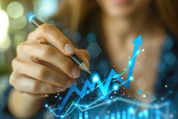 female hand with digital pen growing blue business chart with arrows on blurry background
