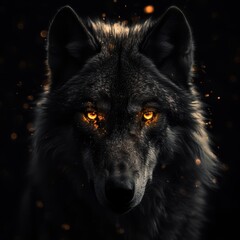  Up-close wolf face on black backdrop, eyes radiant yellow, hazy surround