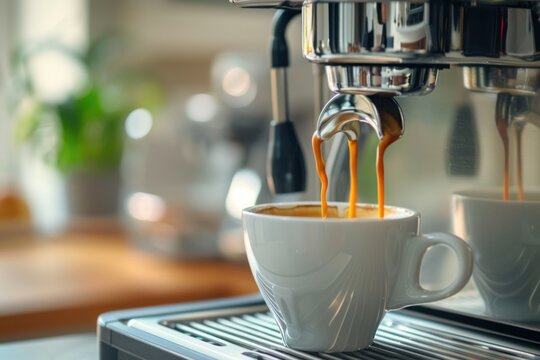 a working coffee machine pouring fresh flavored coffee into a mug