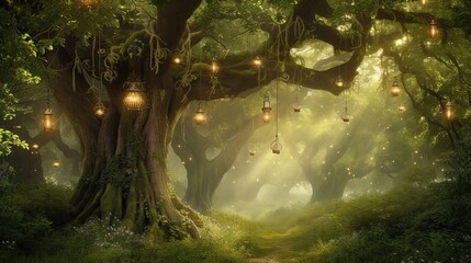 Fairytale Illumination: Step into the Enchanted Forest Glow, Where a Fairytale Tree Adorned with Lanterns Illuminates the Mystical Woodland, Creating a Magical Nature Scene Straight out of a Dream