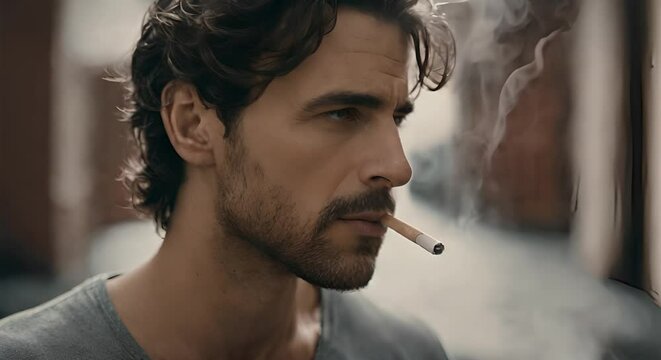 A man pensively smoking a cigarette, with a focused expression on his face, smoke rising.